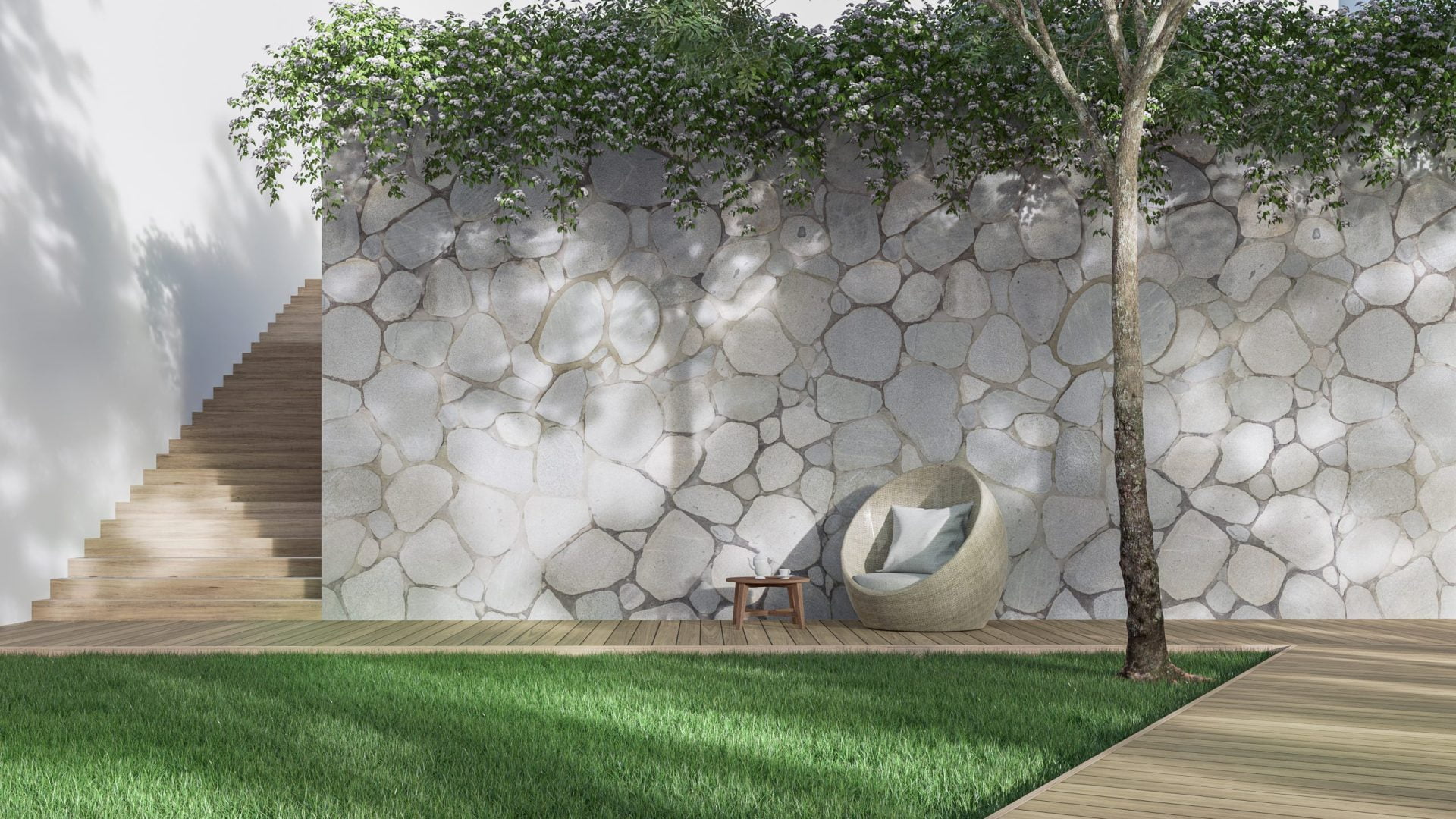 Modern,Garden,With,Empty,Nature,Stone,Wall,3d,Render,there,Is